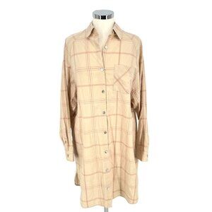 Jackson Rowe Beau Plaid Button-Up Oversized Shirt Dress Beige Size Medium NWOT